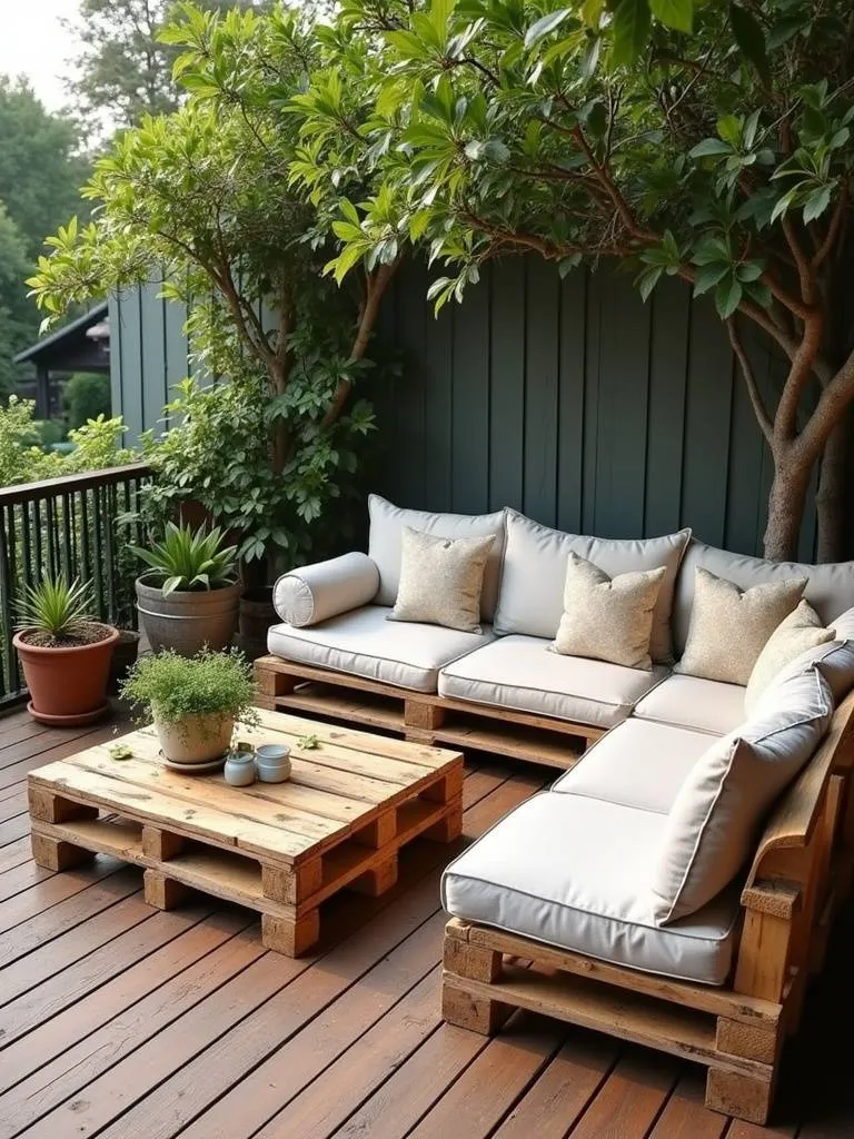 Deck featuring DIY pallet furniture including a sofa and coffee table, showcasing a rustic and sustainable style with comfortable cushions and potted plants.