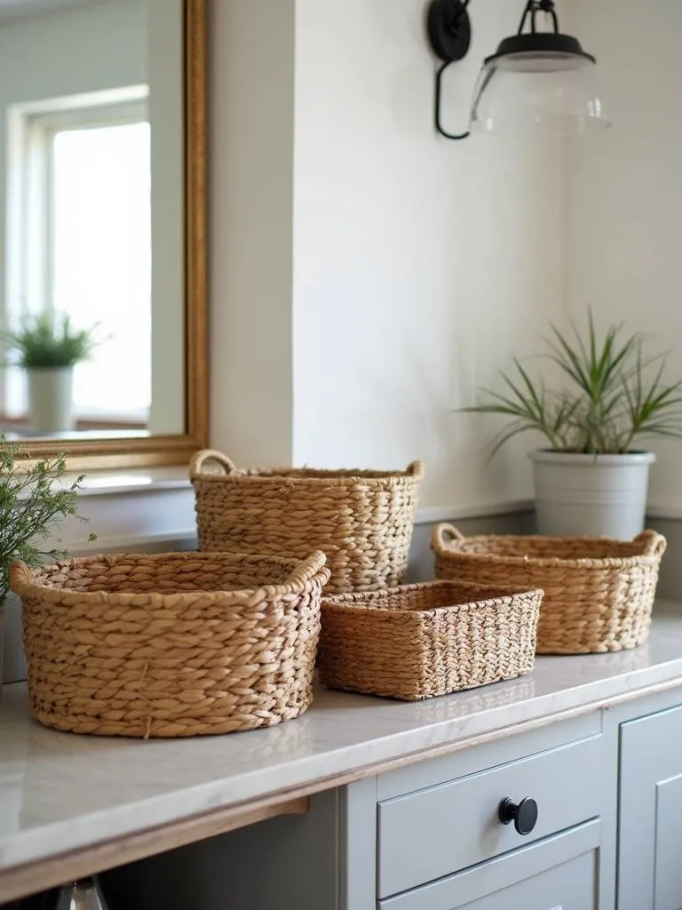 Woven baskets provide functional and stylish storage solutions in a dining room.