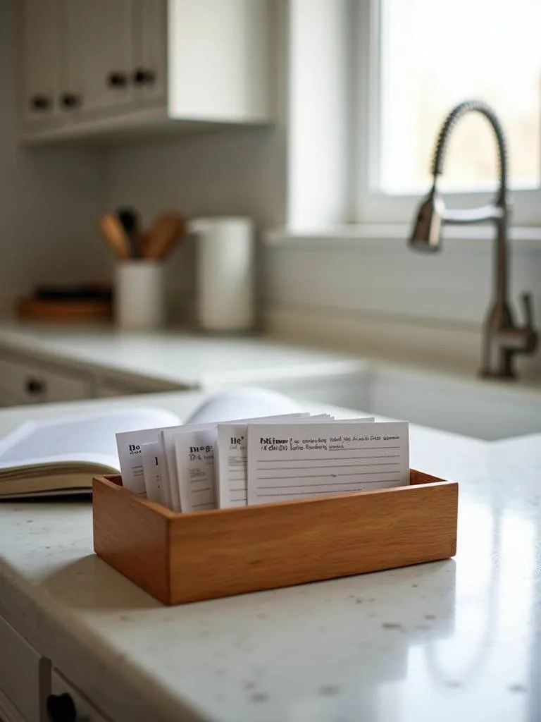 Apartment kitchen countertop with a recipe box for organized recipe storage.