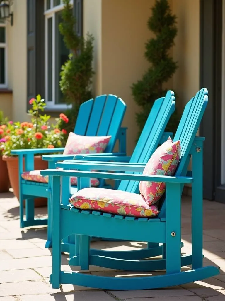 Repainted bright blue wooden patio furniture with colorful cushions.