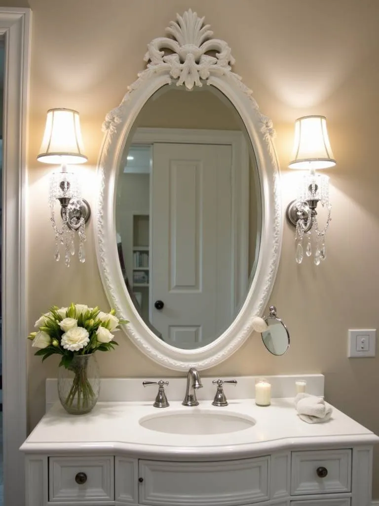 A glamorous bathroom featuring crystal sconces with polished chrome finish flanking an ornate mirror above a white lacquered vanity. The crystal lighting adds sparkle and luxury to the space.