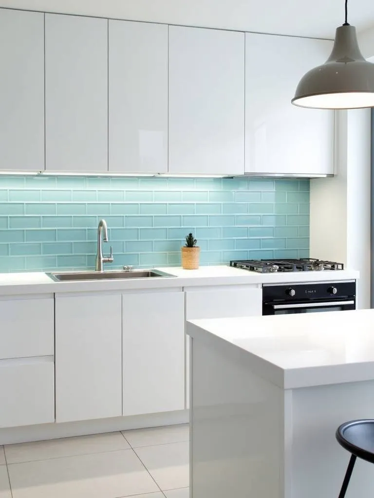 Minimalist modern kitchen with a light blue glass subway tile backsplash and white glossy cabinets