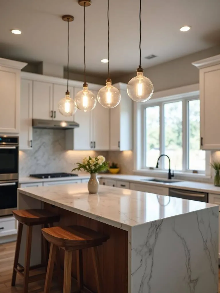 Modern kitchen with multiple globe pendant lights.