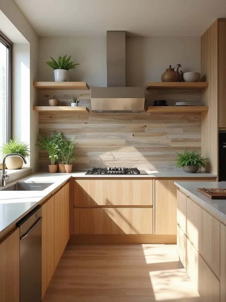 Natural kitchen with a reclaimed wood plank backsplash and light wood cabinets