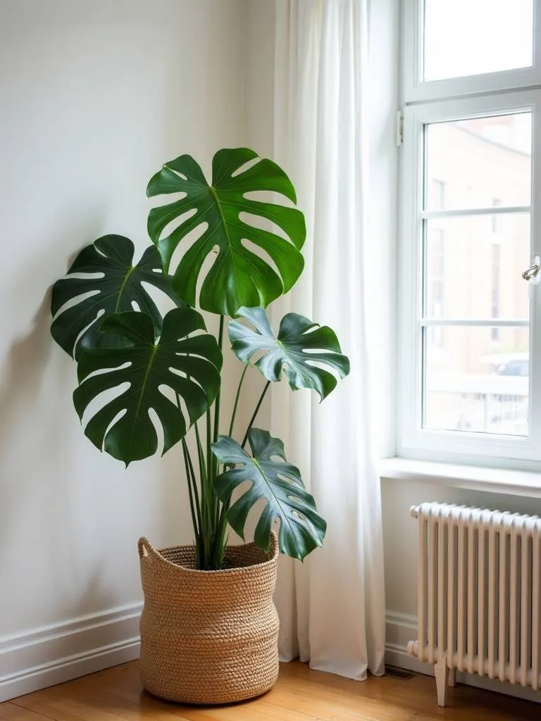 “Living room corner with a large Monstera Deliciosa plant in a basket planter, adding a biophilic touch and fresh greenery to the space.”