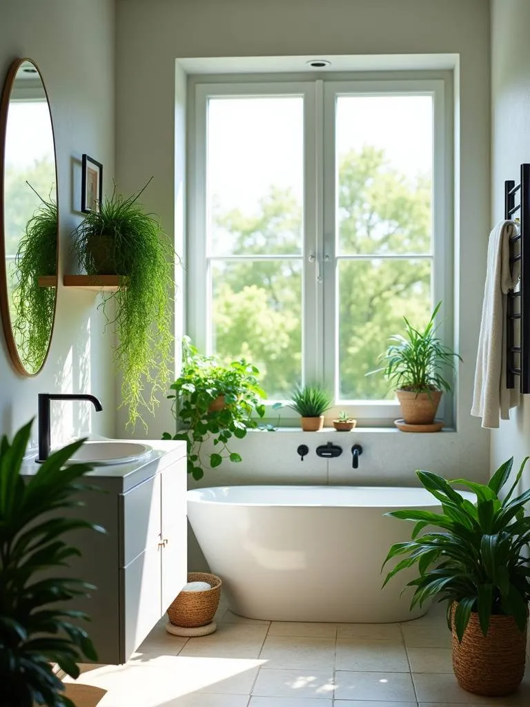Bright bathroom filled with lush green plants on shelves, vanity, and windowsill