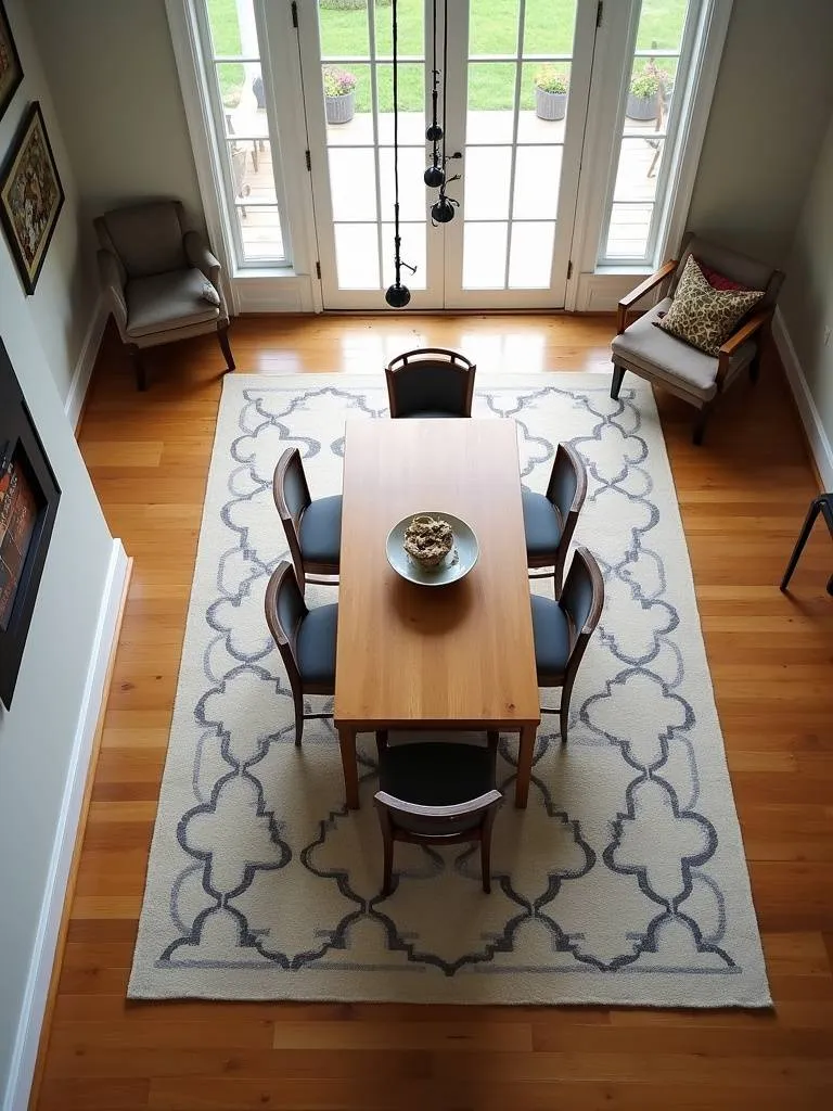 A geometric rug anchors a dining set in a brightly lit room.