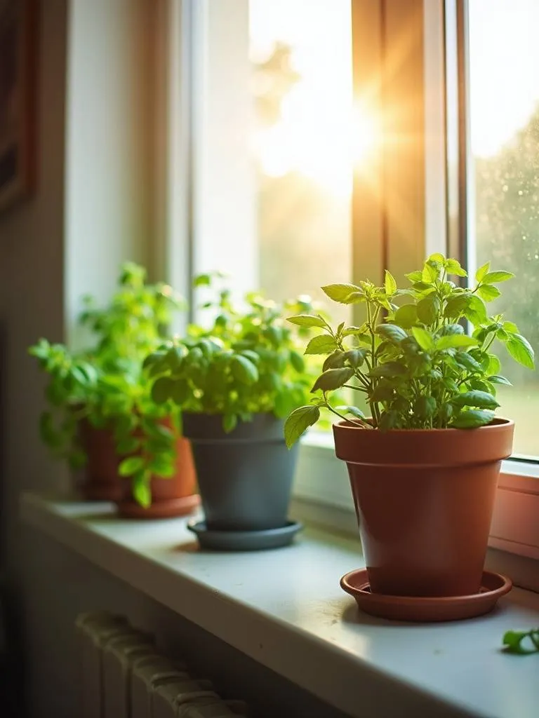 Apartment kitchen windowsill herb garden with fresh basil, mint, and rosemary growing in pots.