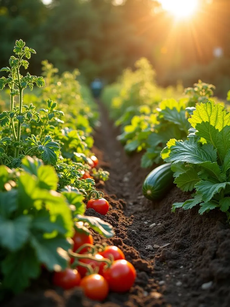 A vibrant vegetable patch with rows of healthy tomato, zucchini, and lettuce plants in full sun.