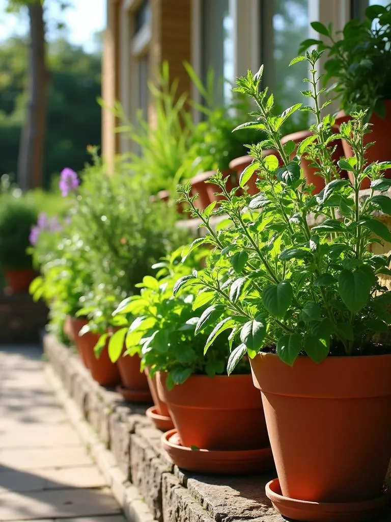 Sunny patio herb garden featuring terracotta pots and window boxes filled with fragrant and culinary herbs.