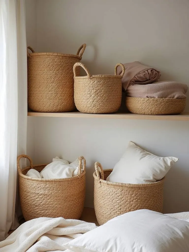 A cozy bedroom featuring handwoven storage baskets of various sizes arranged on a shelf and under the bed, filled with blankets and pillows, providing stylish and functional storage