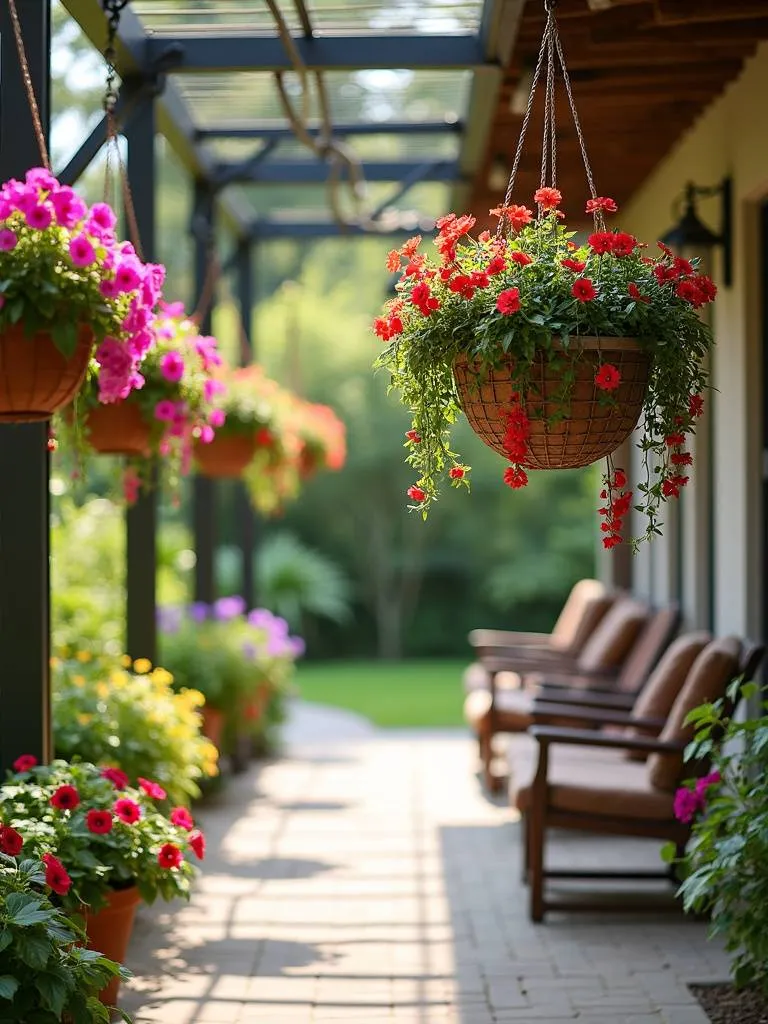 Patio adorned with hanging baskets overflowing with colorful cascading flowers, adding vertical interest and beauty to the outdoor space.