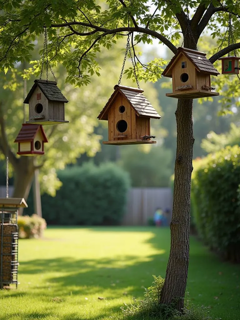 A bird-friendly backyard with bird feeders and houses hanging from trees.
