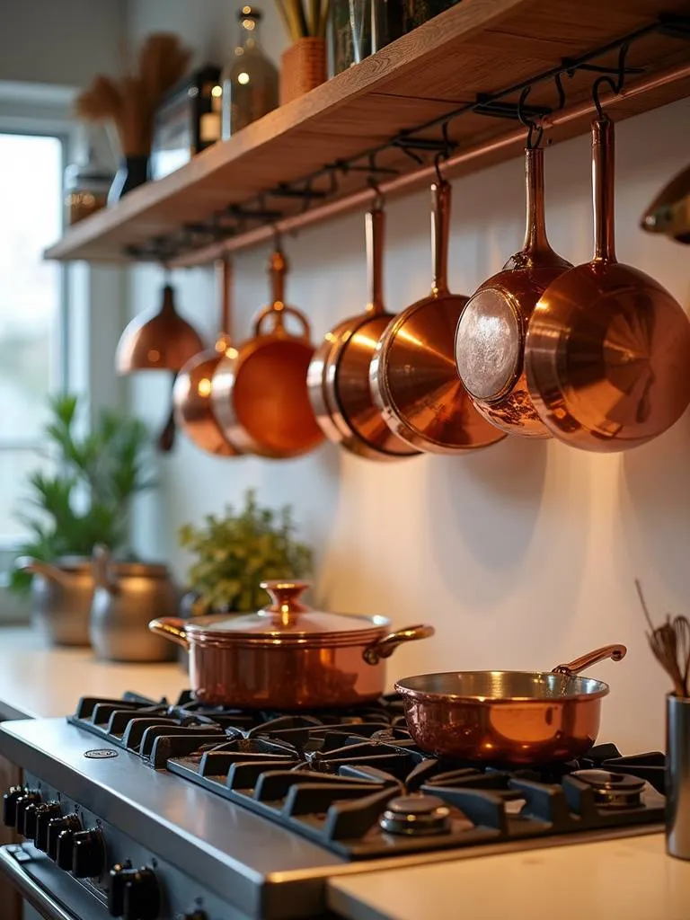 Apartment kitchen with pots and pans hanging from a pot rack above the stovetop