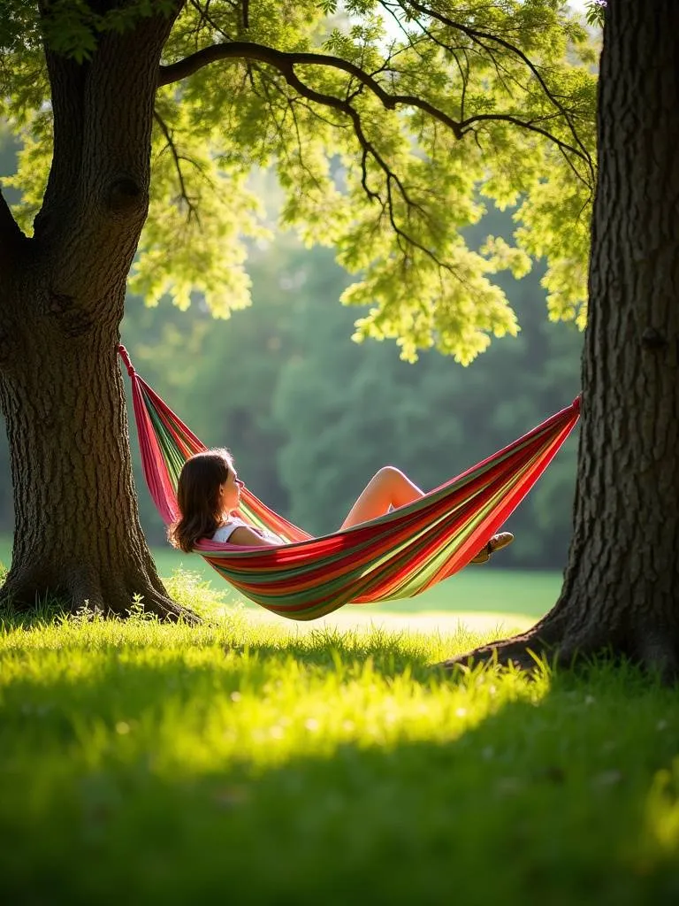 A relaxing hammock haven with a colorful fabric hammock hanging between trees in a shaded backyard.