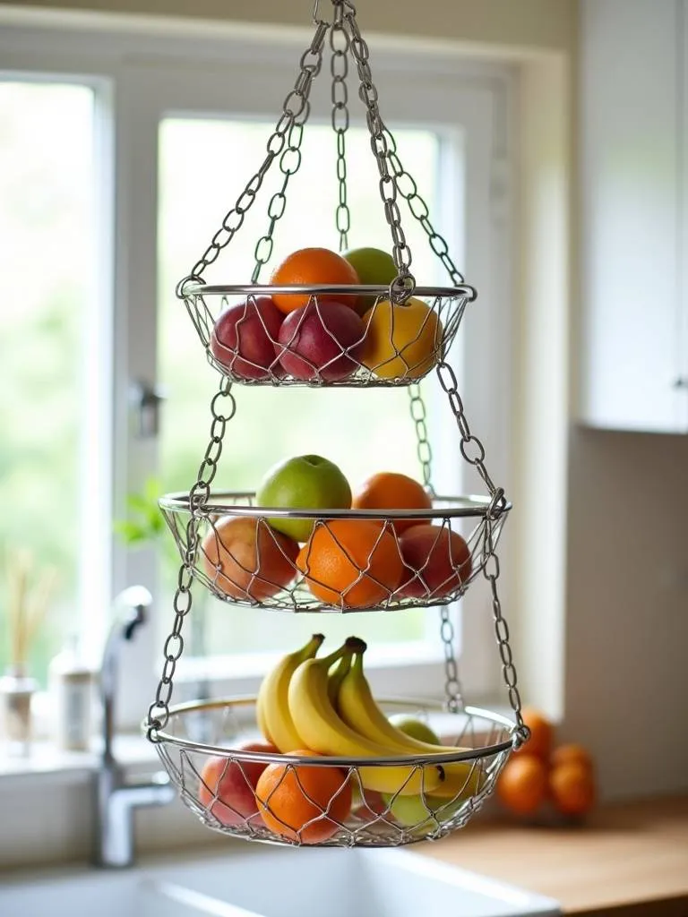 Hanging fruit basket in a kitchen, displaying fresh fruits and freeing up countertop space.