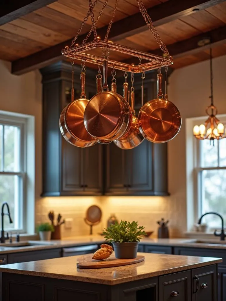 Hanging pot rack above a kitchen island, displaying copper pots and pans for easy access.