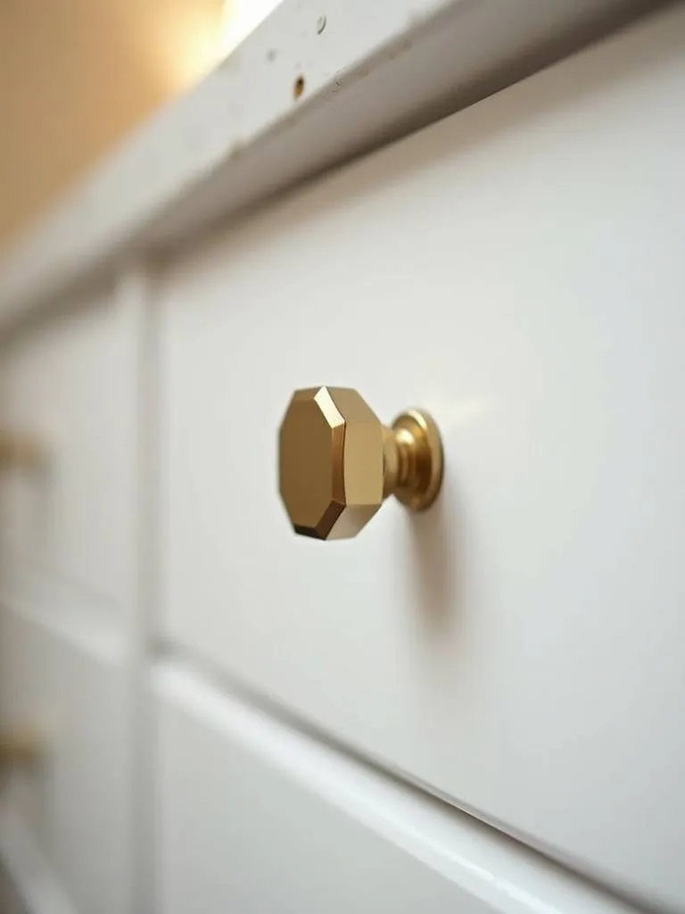 Close-up of a brass hexagonal knob on a white bathroom vanity drawer