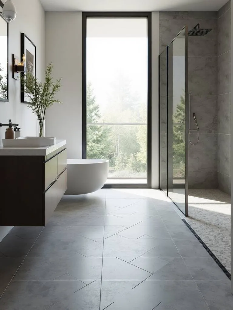 Modern bathroom floor with grey rectangular tiles arranged in a classic herringbone pattern, adding visual dynamism.