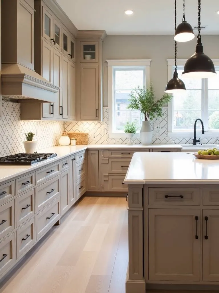 Modern farmhouse kitchen with a white herringbone tile backsplash and light wood cabinets
