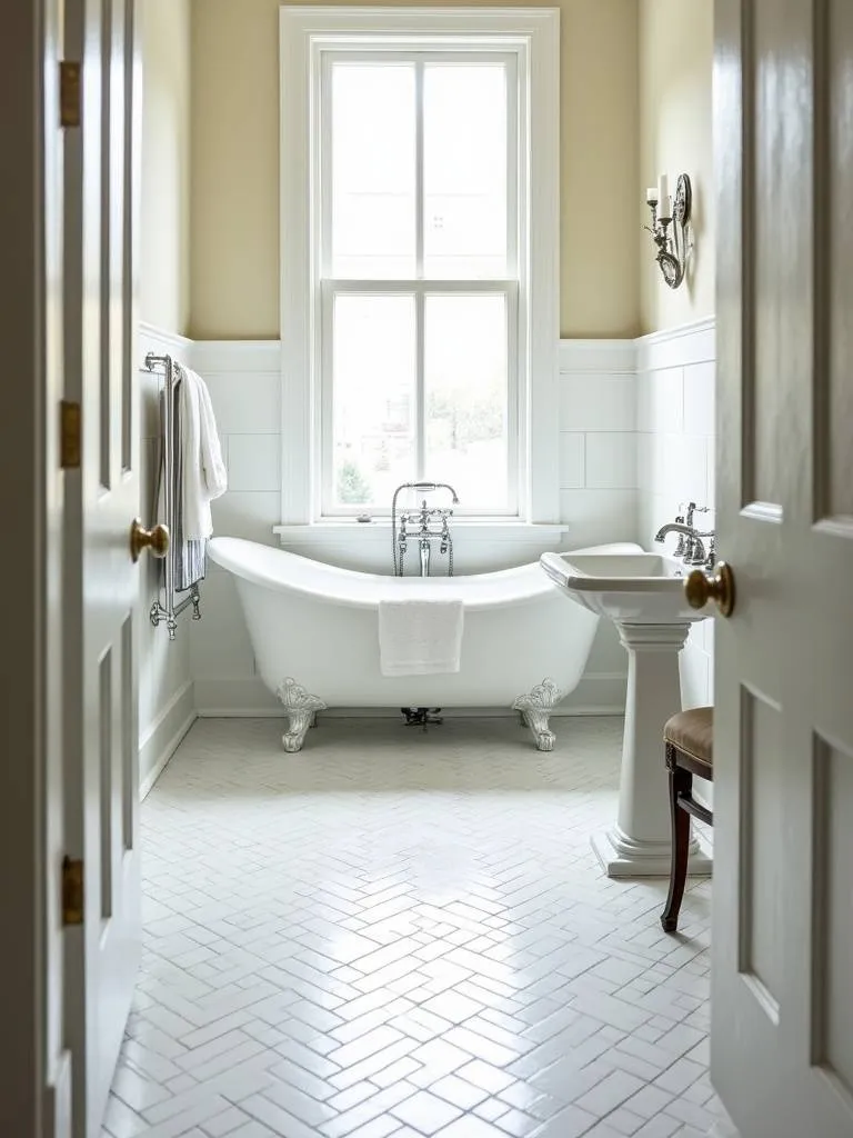 Elegant bathroom with white subway tile herringbone floor, clawfoot tub, and pedestal sink.