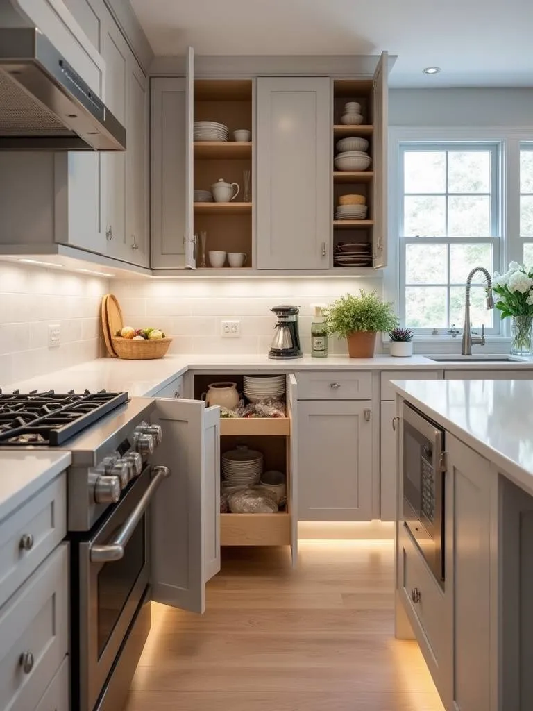 Modern kitchen showcasing hidden storage with pull-out pantry shelves and appliance garage