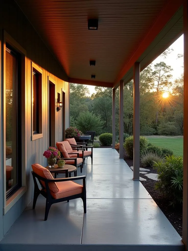 Porch with high-gloss paint finish and modern furniture