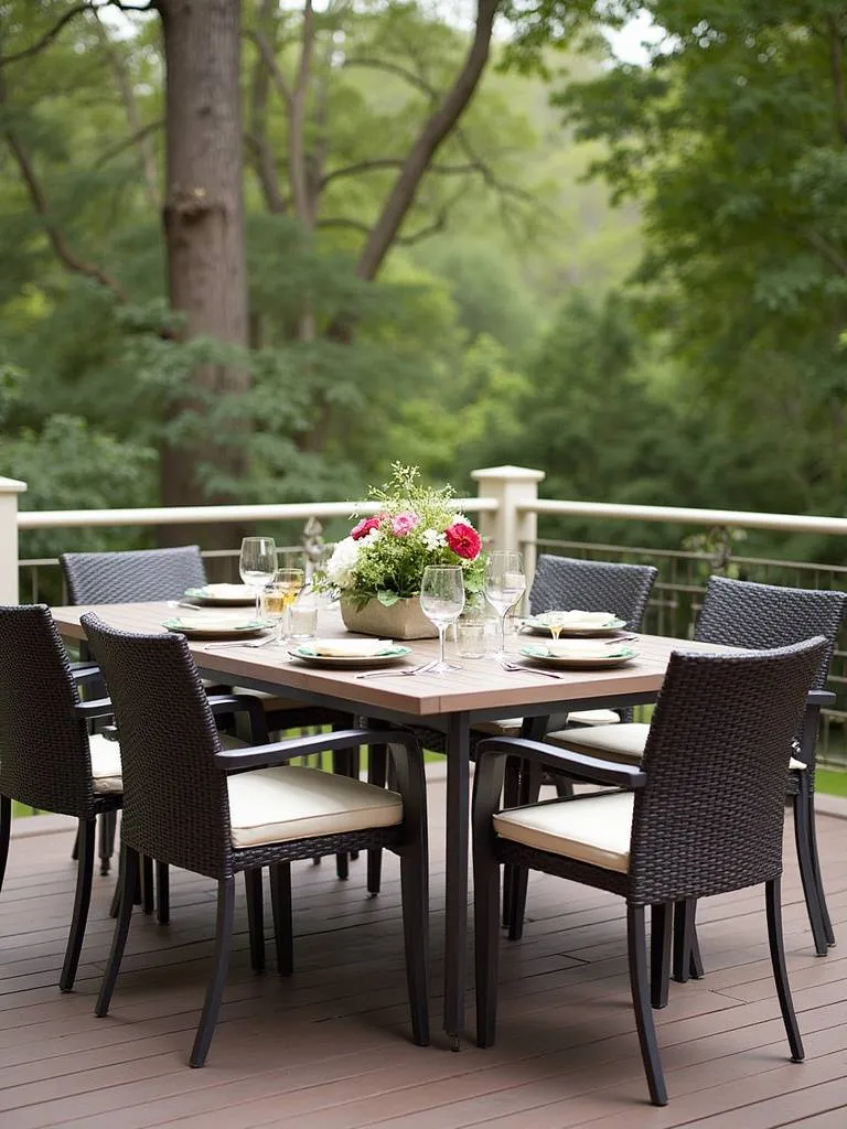 Deck dining area featuring a stylish outdoor dining set with a table and chairs set for a meal, creating an inviting space for al fresco dining and entertaining.