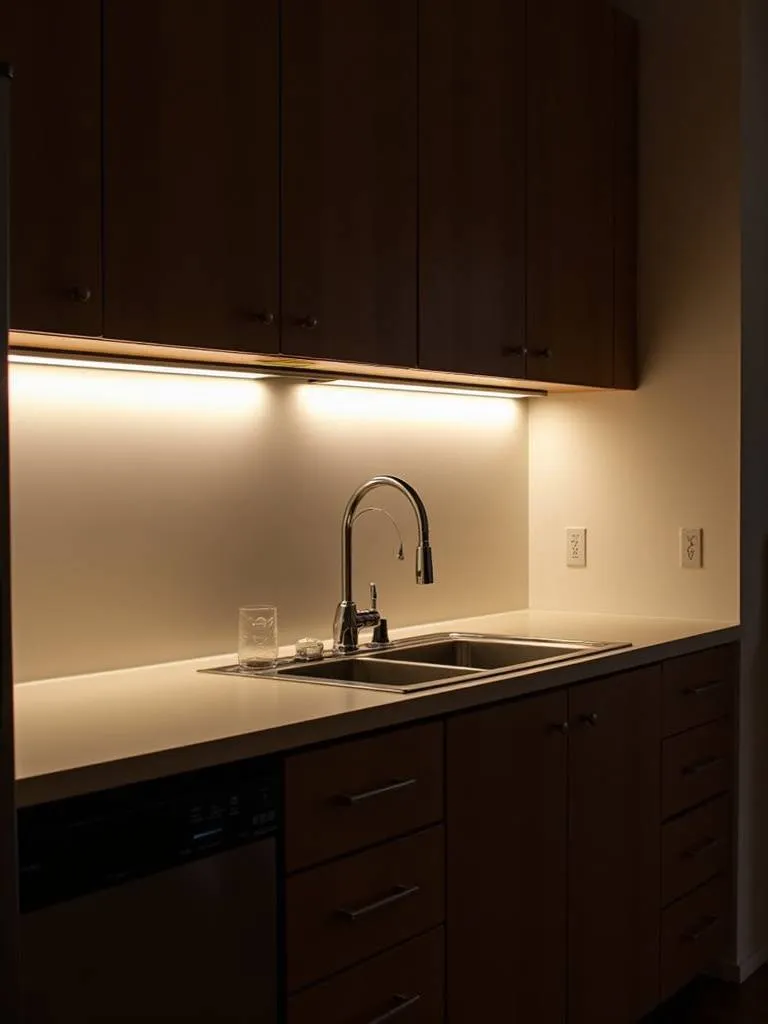 Apartment kitchen illuminated with under-cabinet LED lighting for better visibility.