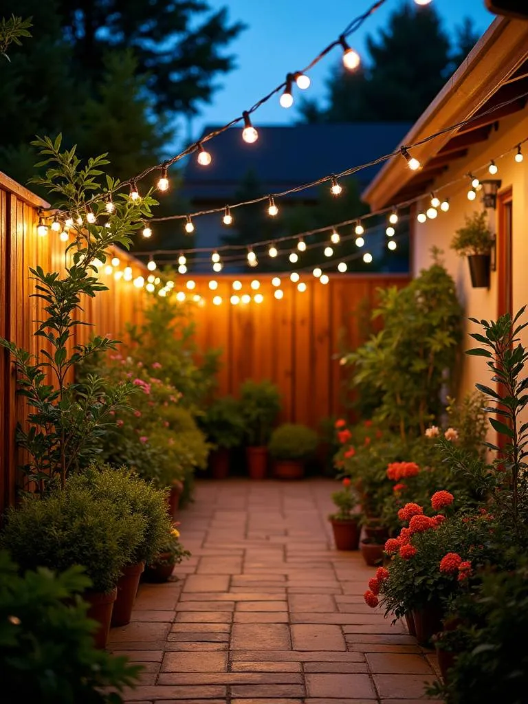 Patio garden illuminated at night with string lights draped amongst the plants, creating a warm and enchanting atmosphere.