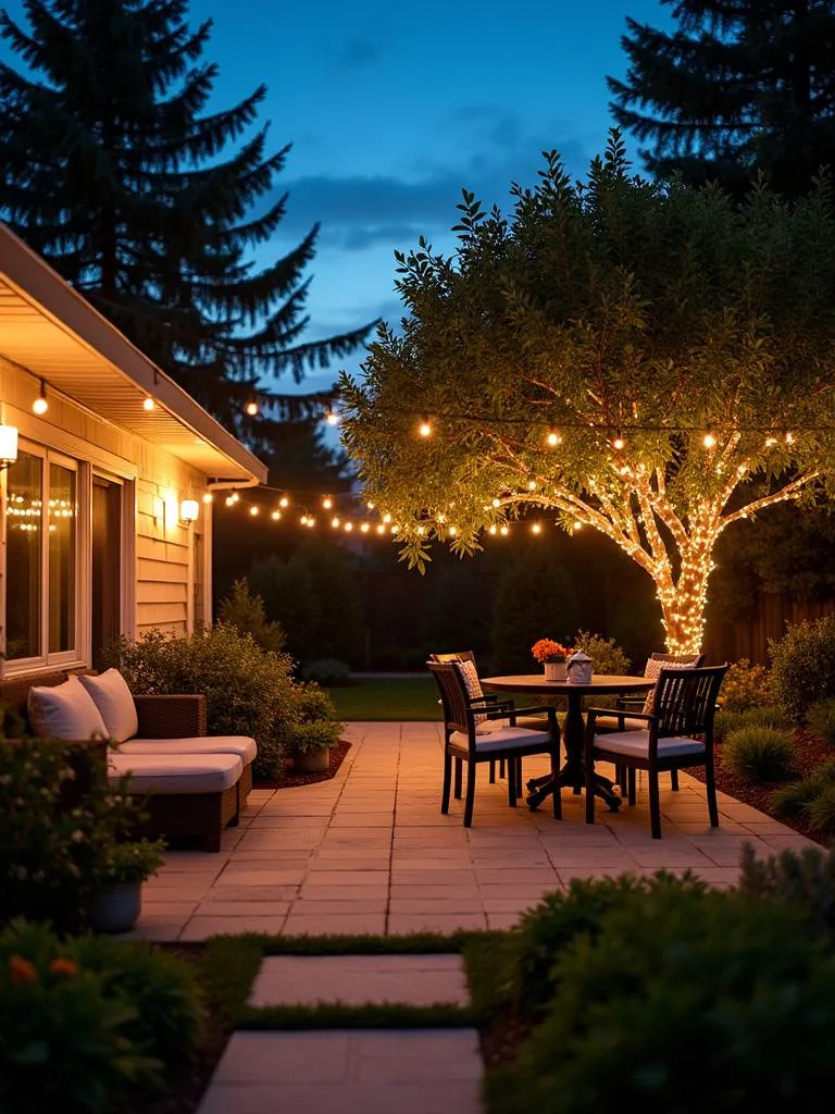 A backyard illuminated with magical string lights draped across a patio and trees at twilight.