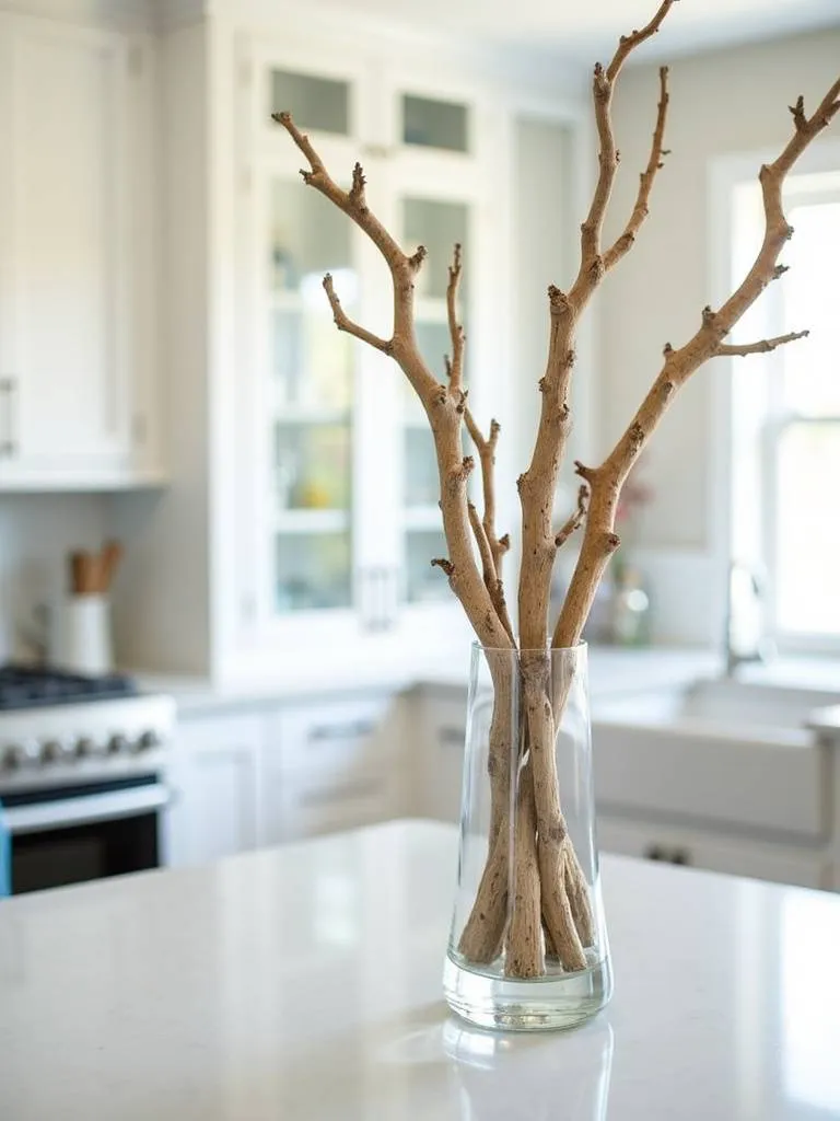 Coastal kitchen countertop decorated with driftwood branches in a glass vase.