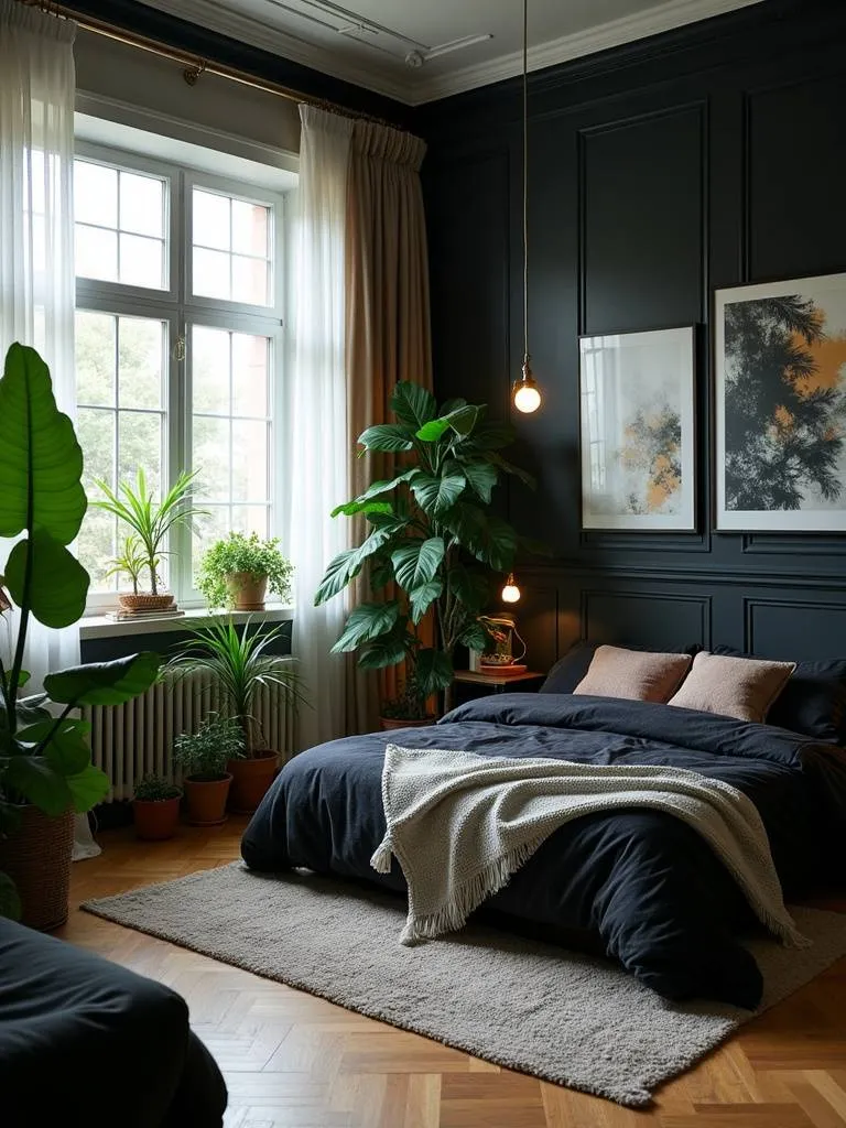 Fresh and airy black bedroom decor enhanced by various potted green plants, bathed in soft daylight filtering through sheer curtains.