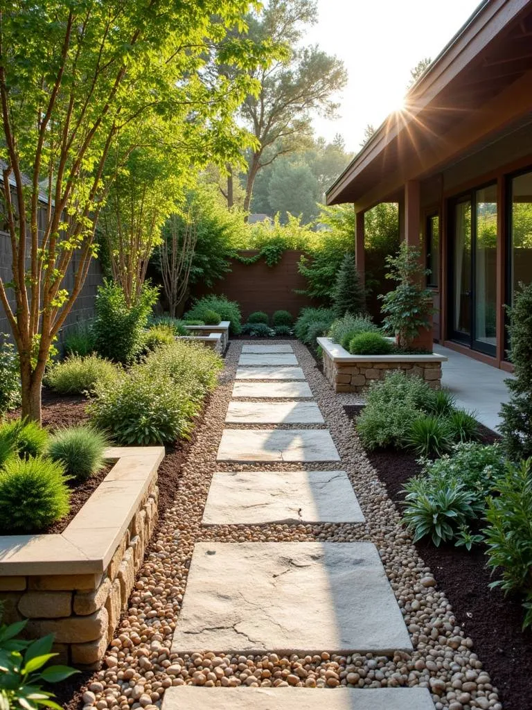 Natural patio garden featuring stone pathways and gravel mulch, creating a grounded and textured outdoor space.