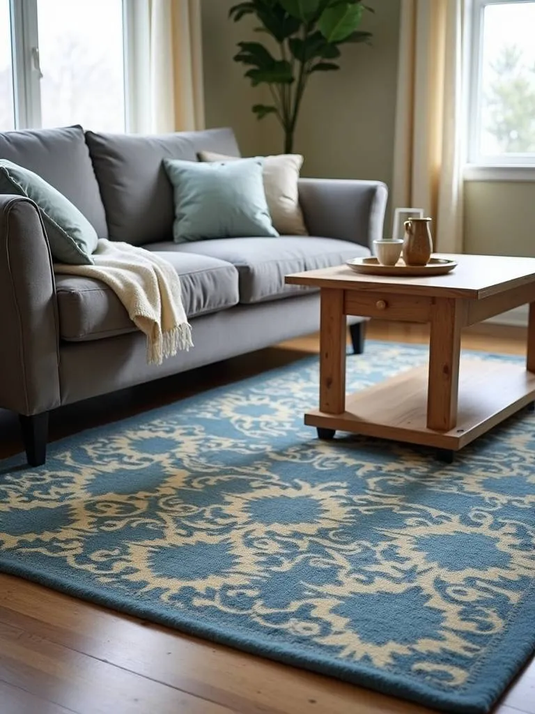 “Living room featuring a bold blue and cream patterned rug anchoring a grey sofa and wooden coffee table, creating texture and warmth.”