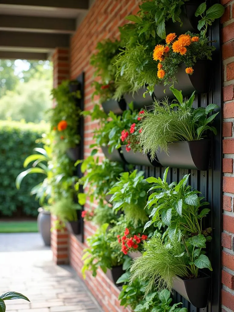 A lush vertical garden on a patio wall with planters overflowing with greenery and flowers in bright natural light.