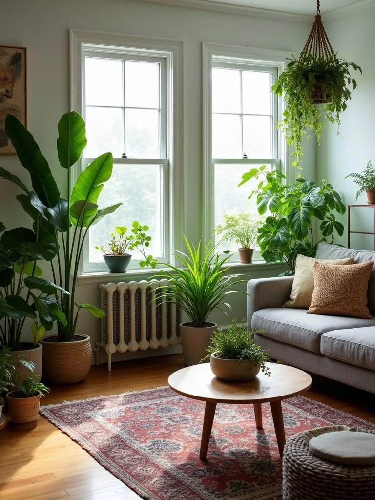 “Living room layout incorporating various plants – floor plants, hanging plants, and tabletop plants – adding life, freshness, and natural beauty to the space.”
