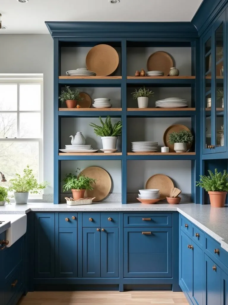An open kitchen with indigo blue shelves.
