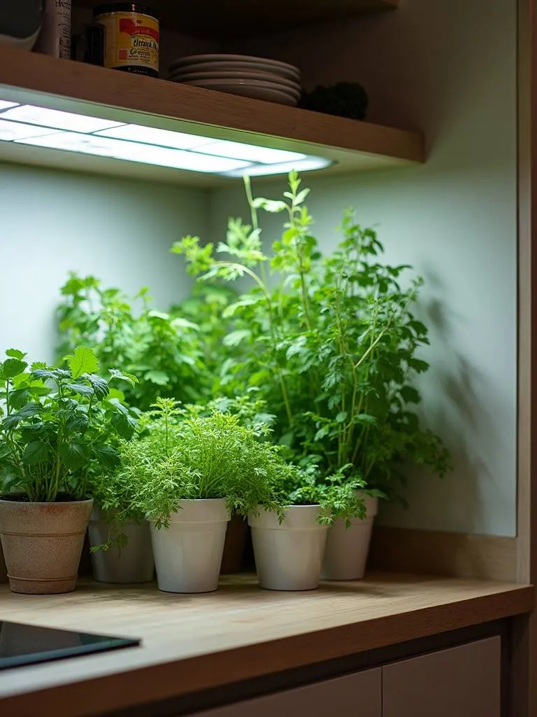 Modern kitchen featuring a built-in indoor herb garden with various herbs growing in pots