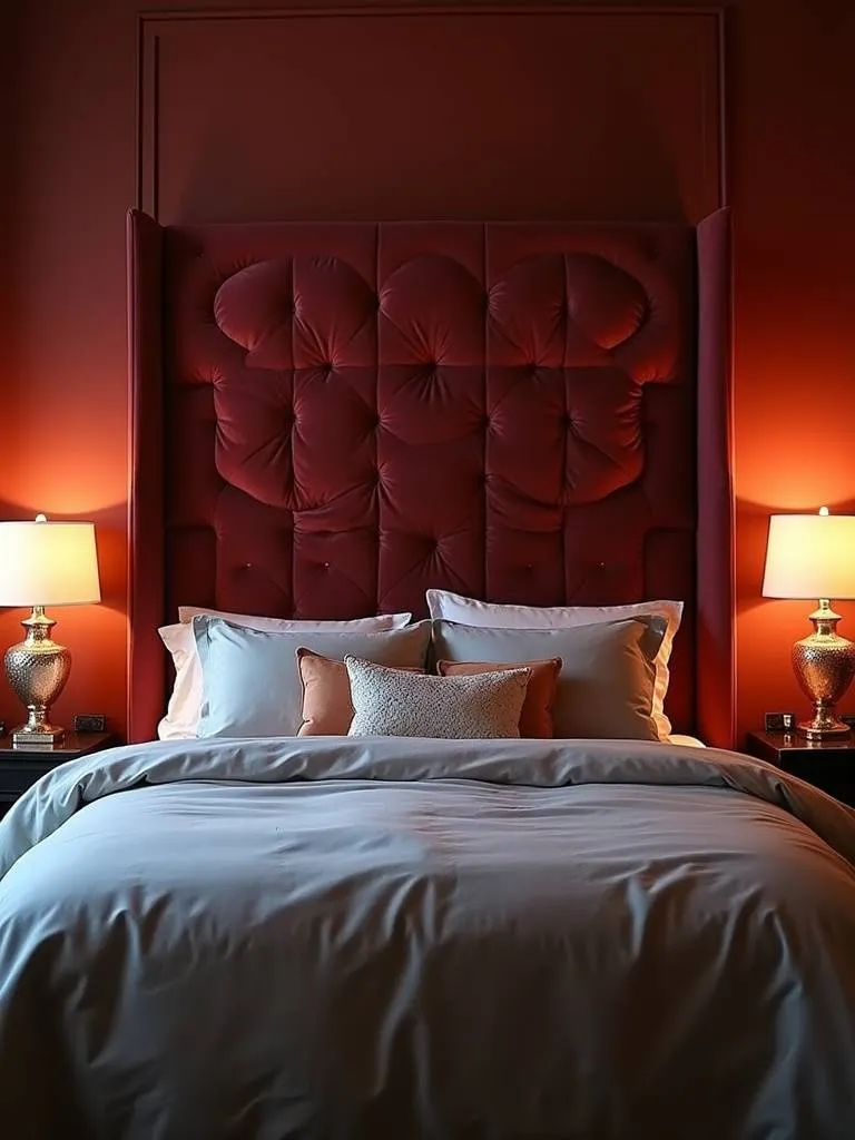 Luxurious bedroom featuring a deep jewel-toned velvet headboard as the focal point.