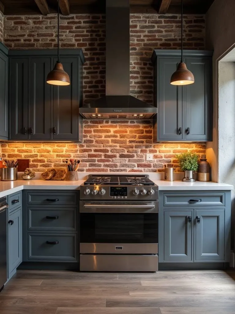 Industrial kitchen with faux brick backsplash, dark grey cabinets, and stainless steel appliances