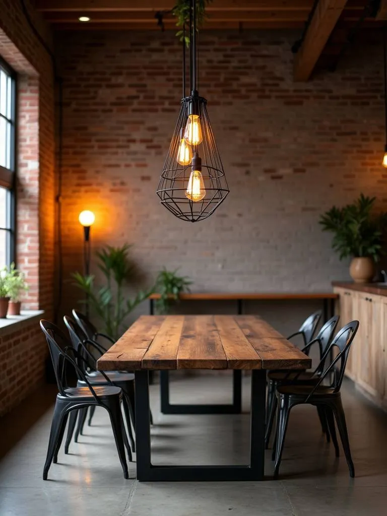 Industrial dining room showcasing an exposed bulb pendant with a metal cage