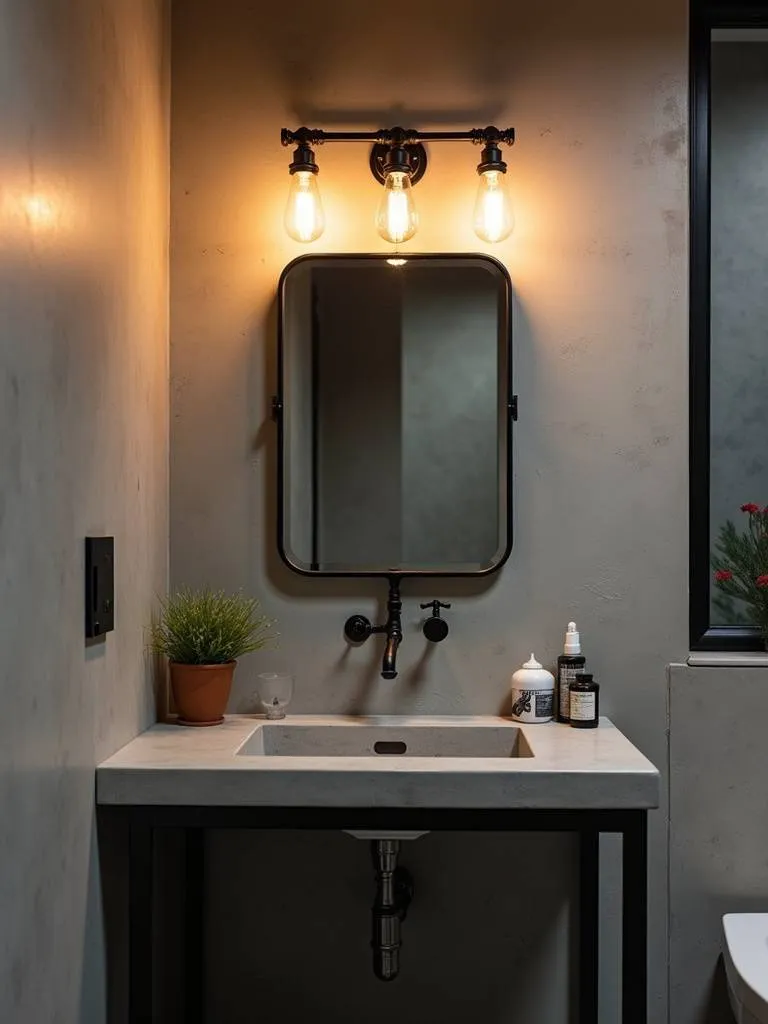 An industrial style bathroom featuring a pipe-style vanity light with exposed Edison bulbs and a matte black finish above a concrete vanity and metal framed mirror. The lighting is raw and functional, emphasizing the industrial aesthetic.