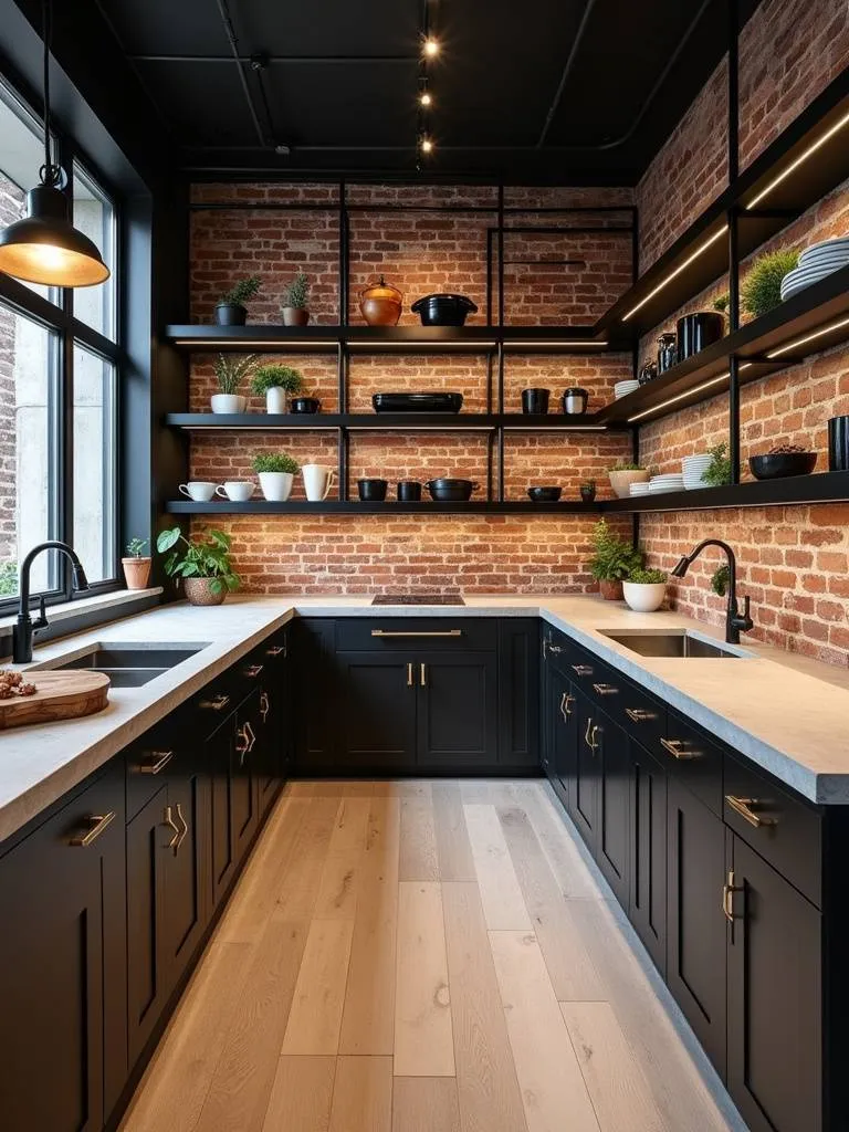 Modern kitchen featuring industrial elements like exposed brick, metal shelving, and concrete countertops