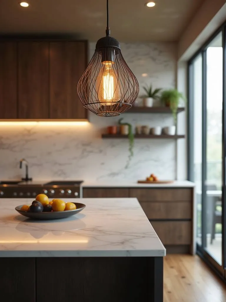 Modern industrial kitchen with a metallic cage pendant light.