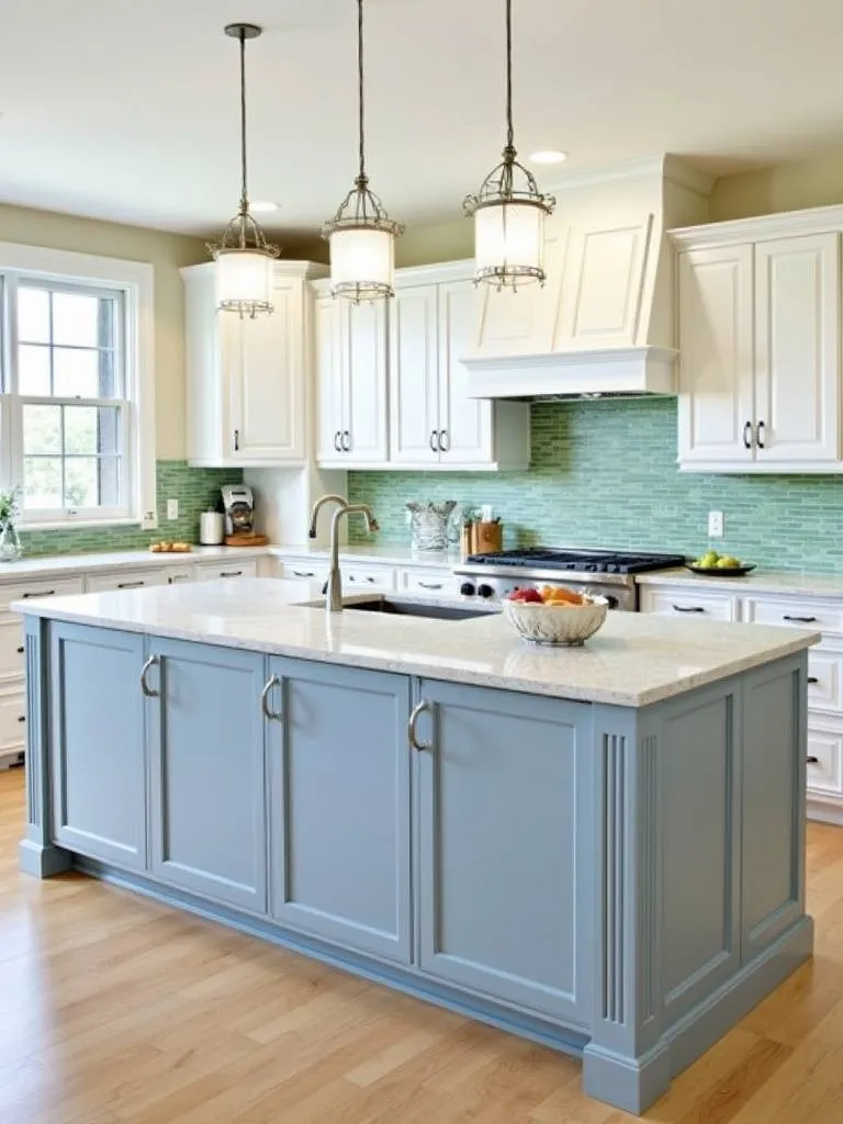Coastal kitchen featuring a light blue island, white cabinets, green glass backsplash, and light wood floors.