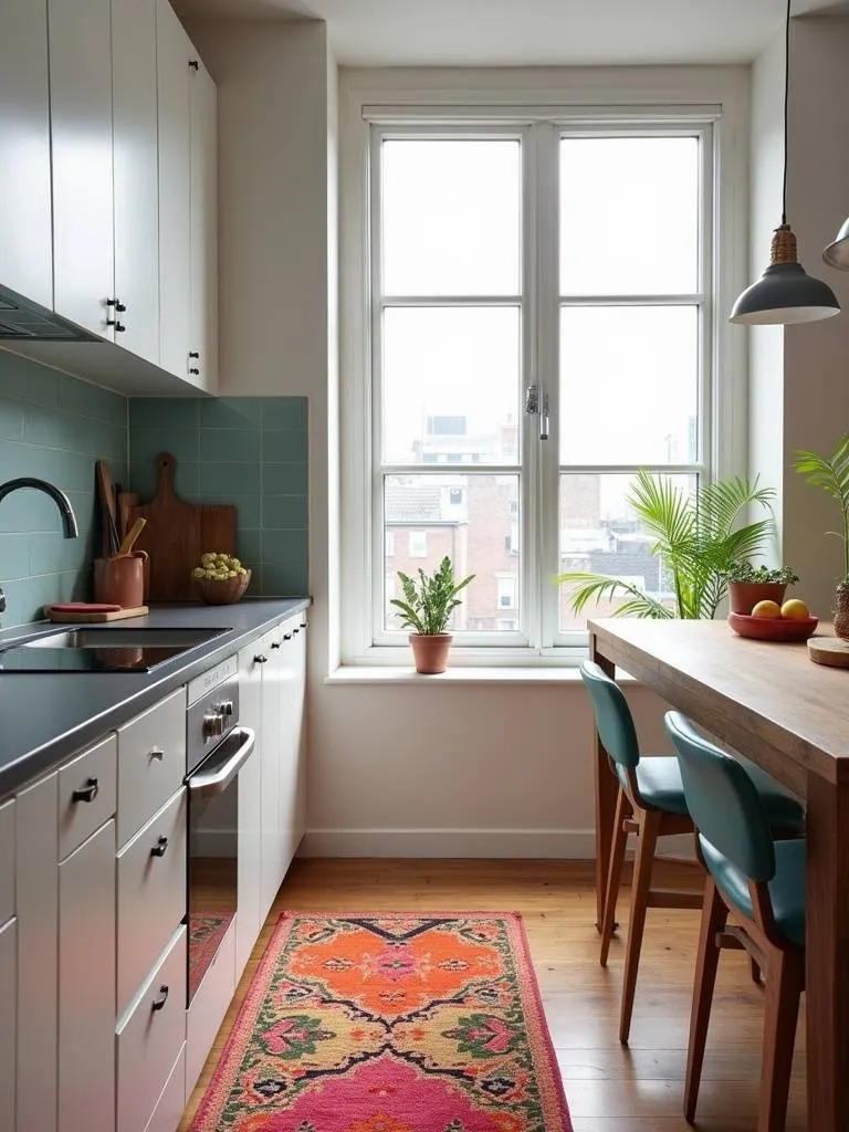 Apartment kitchen with a vibrant patterned rug adding personality and warmth to the floor.