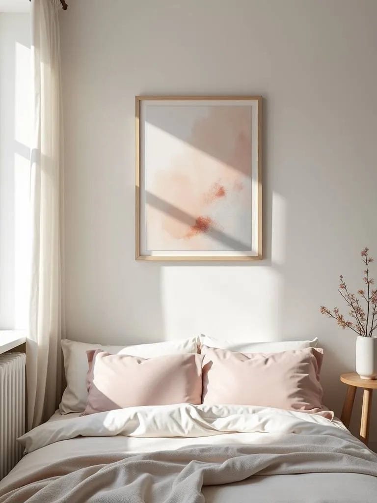 A cozy bedroom featuring an abstract art print in soft pastel colors hanging above the bed, illuminated by natural light, showcasing its calming and artistic presence