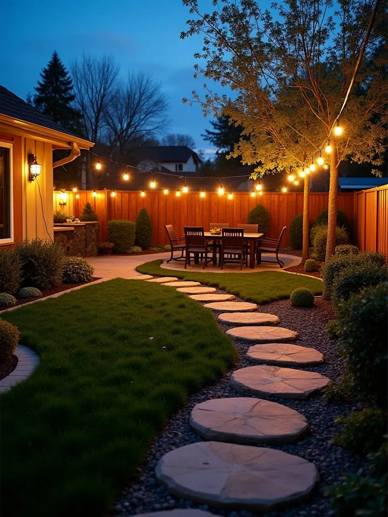 A beautifully lit backyard with string lights and pathway lights.