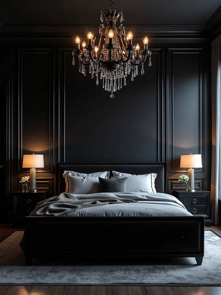 Elegant and sophisticated black bedroom featuring a black crystal chandelier as a central lighting element, illuminated by soft bedside lamps.